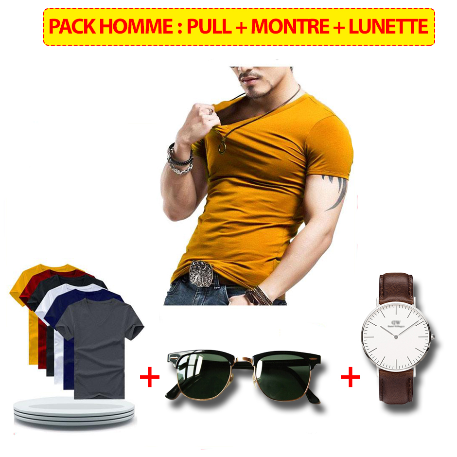 Pack 4 X Pulls Homme Col V + Montre +Lunette