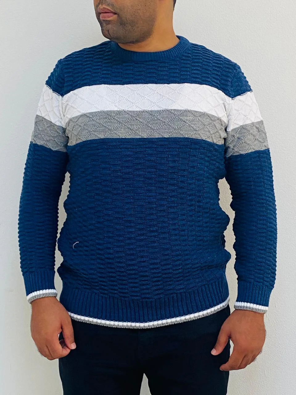 Pull Homme En Laine Bleu Rayé
